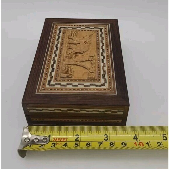 Trinket Box Elephant Tree Wooden Carved Inlaid 5" Box Trinket Box Lined - Picture 8 of 11